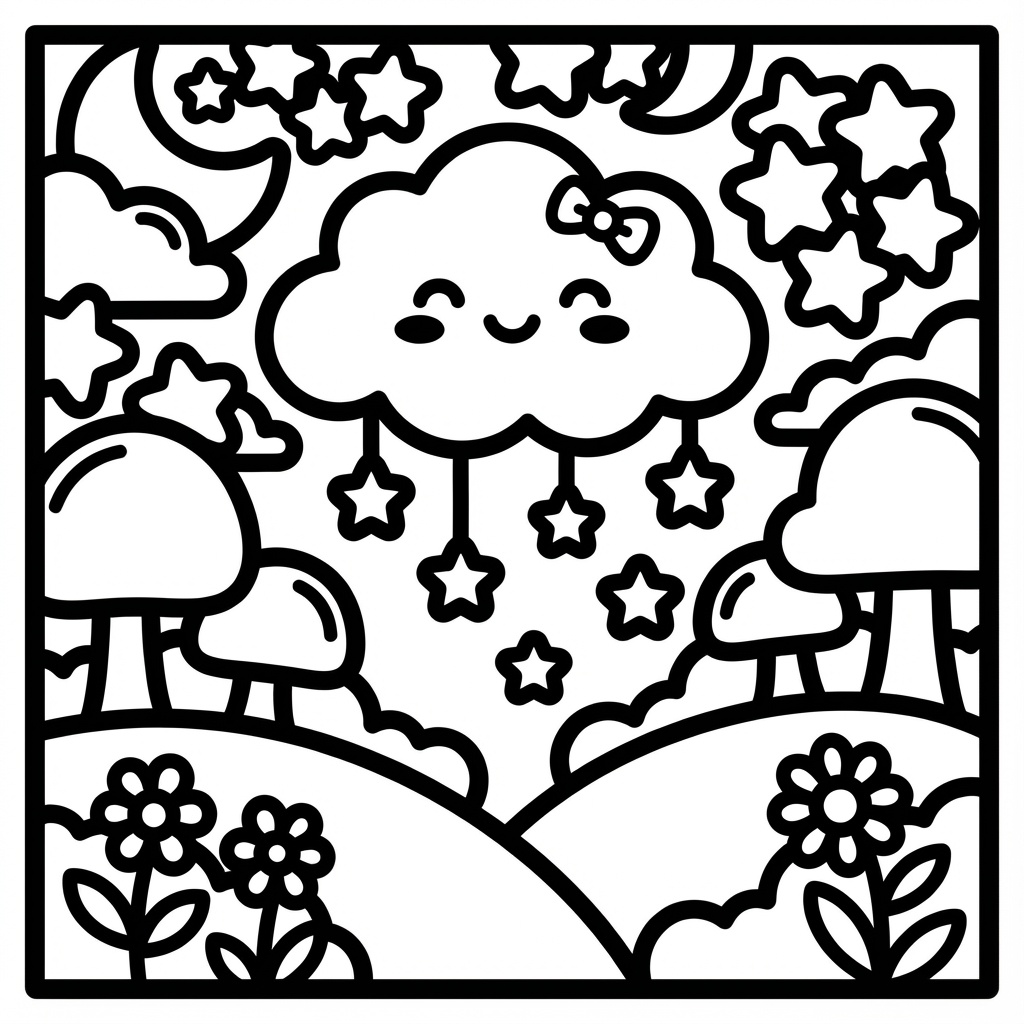 Happy cloud with hanging stars and mushrooms, a perfect easy color-in pages wide lines choice.